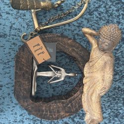 3 Antique Show Pieces: Buddha, Peacock, Wooden Yoga Girl