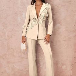New Glamine Women 3D Floral Decor Solid Color Simple Long Sleeve Top And Pants Suit Set Khaki/4(S)