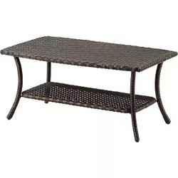Brown Wicker Outdoor Coffee Table with 2-Tier Storage Shelf