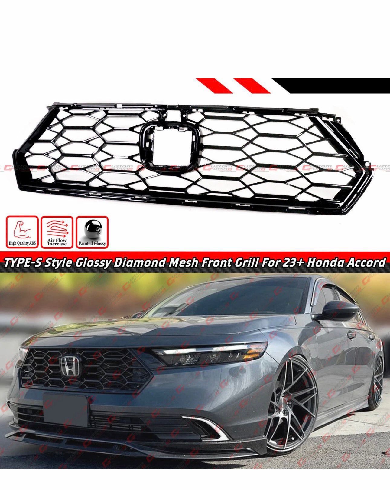 FOR 23-26 Honda Accord 11th Gen Type-S Style Gloss Black Front Mesh Grill Grille