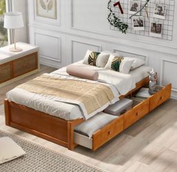 NEW Oak Twin Size Platform Storage Bed with 3 Drawers Storage