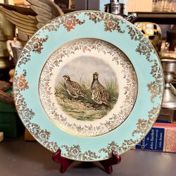 VINTAGE JKW JOSEF KUBA TURQUOISE PHEASANT BIRD GOLD TRIM 11” PORCELAIN PLATE