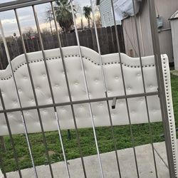 King Size Upholstered Headboard & Metal Bed Frame – White/Taupe