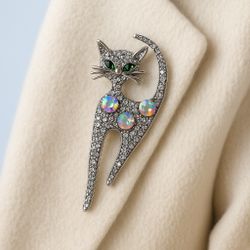 JJ Fantasia 1990s Cat Brooch Silver & Aurora Borealis Rhinestones, NWT, 1.5x2.75”