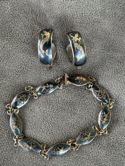 Vintage Sterling Siam Bracelet & Matching Clip Earrings
