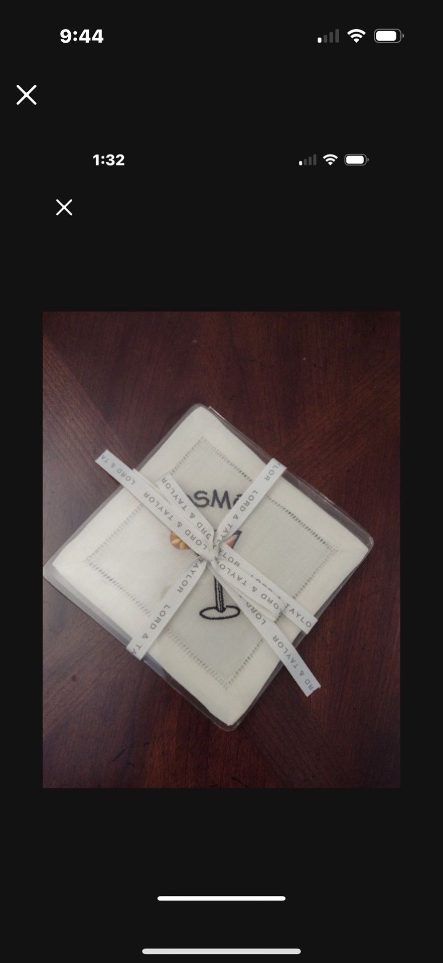 Embroidered Cocktail Coasters, 4, By Lord & Taylor. The packaging is yellowed due to aging plastic, but the coasters are white and new.