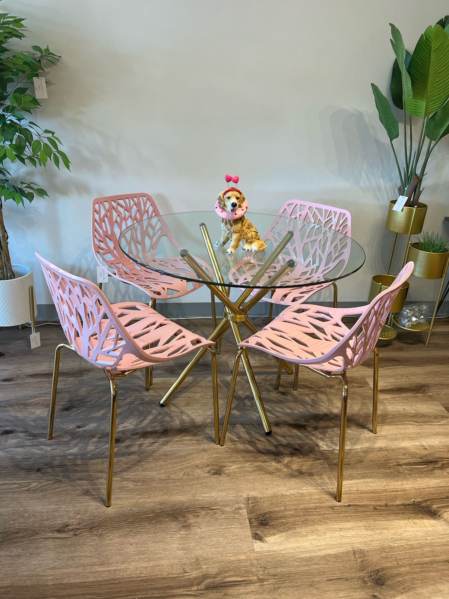 Pink Gold Round Dining Table Set For 4 People