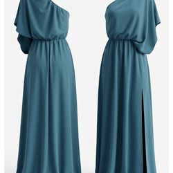 Women’s Teal One Shoulder Maxi Dress Flowy Elegant Evening Casual Long Dress