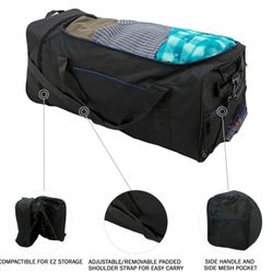 Protege 32 in Large Compactible Rolling Duffel Bag for Travel, Black