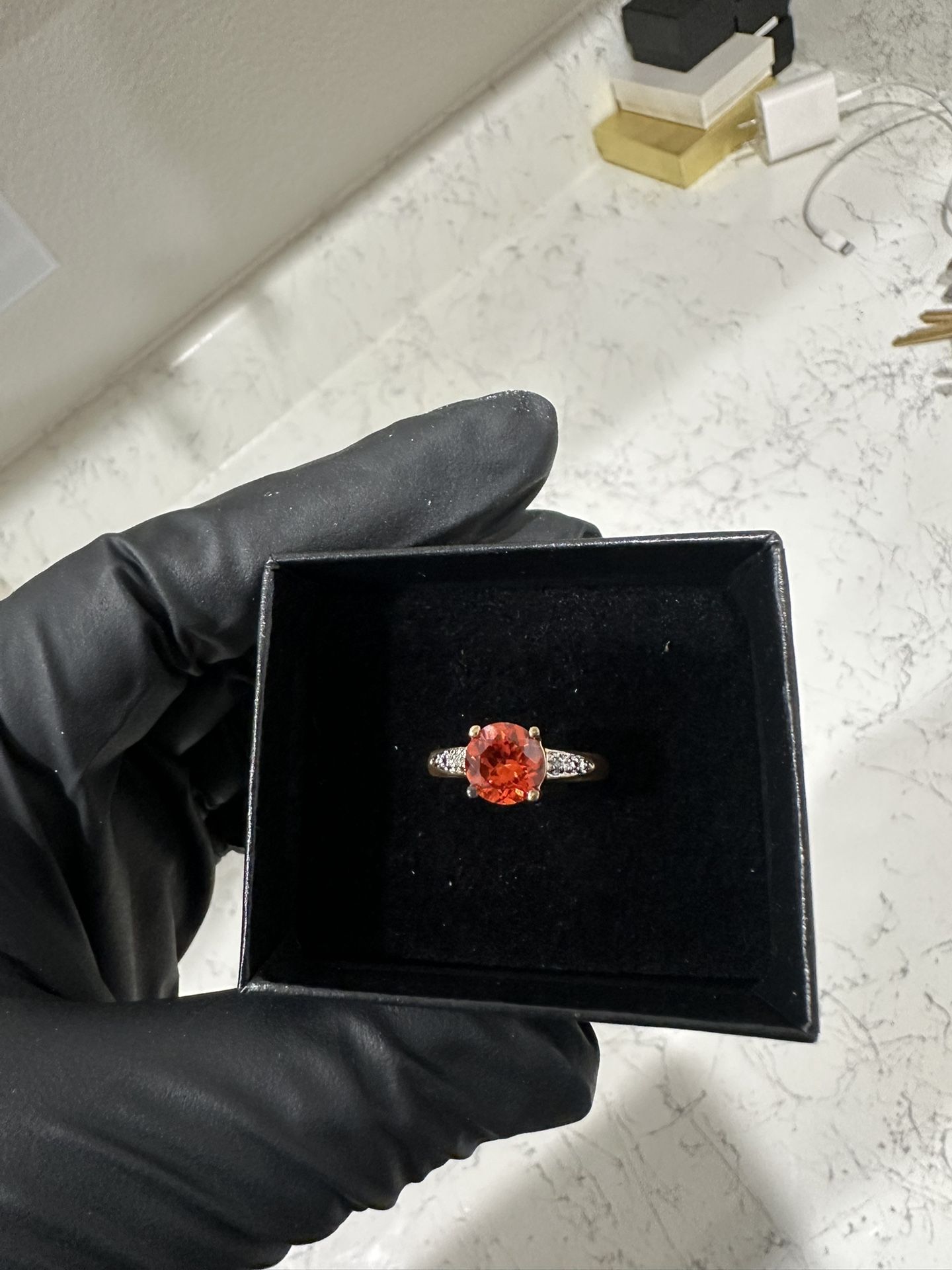 🔥 Fire Opal Style Ring – Sparkling Orange Gem with Side Stones 