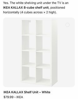 IKEA KALLAX 8-cube shelf unit, positioned horizontally (4 cubes across × 2 high).