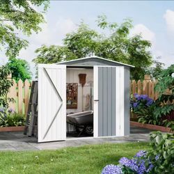 🔥new inbox🔥6 x 4 FT Outdoor Storage Shed Gray Metal Garden Tool Shed with Gable Roof Wide Double Doors
