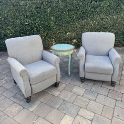 Beautiful Pair of Gray Recliner Accent Chairs with Matching Side Table