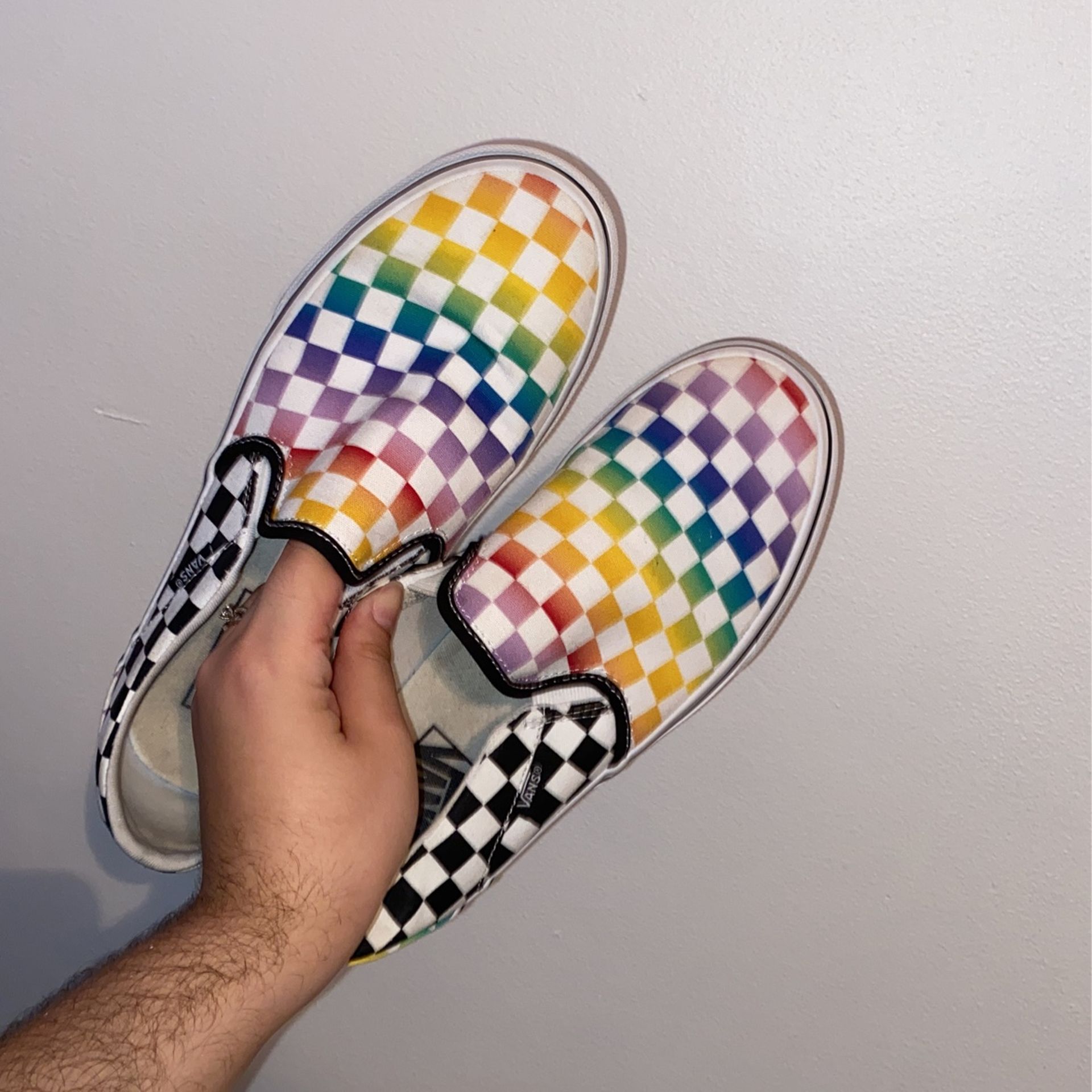 Rainbow checkerboard slip on vans Size 8.5 W