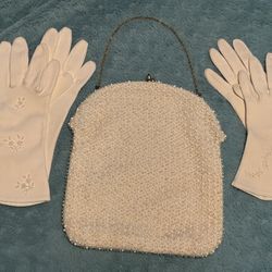 Vintage Beaded Evening Ivory Handbag Purse + 2 pr Cotton Gloves