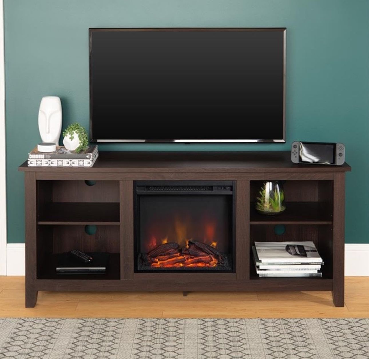Walker Edison Furniture Minimal Farmhouse Wood Fireplace TV Stand 24" H x 58" L x 16" W