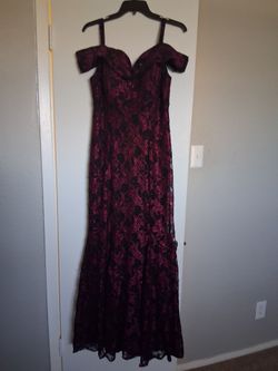Burgundy Black Lace Off-Shoulder Formal Gown