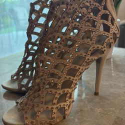 Tan Crystal Faux Suede Caged Shoe
