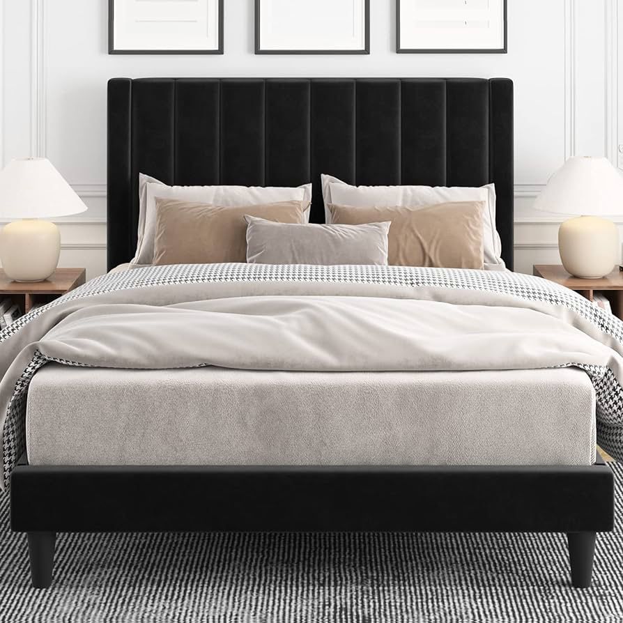 Queen Size Velvet Upholstered Tufted Platform Bed Frame with headboard, Strong Wooden Slats, Box Spring Optional, Mattress Foundation, Easy Assembly, 