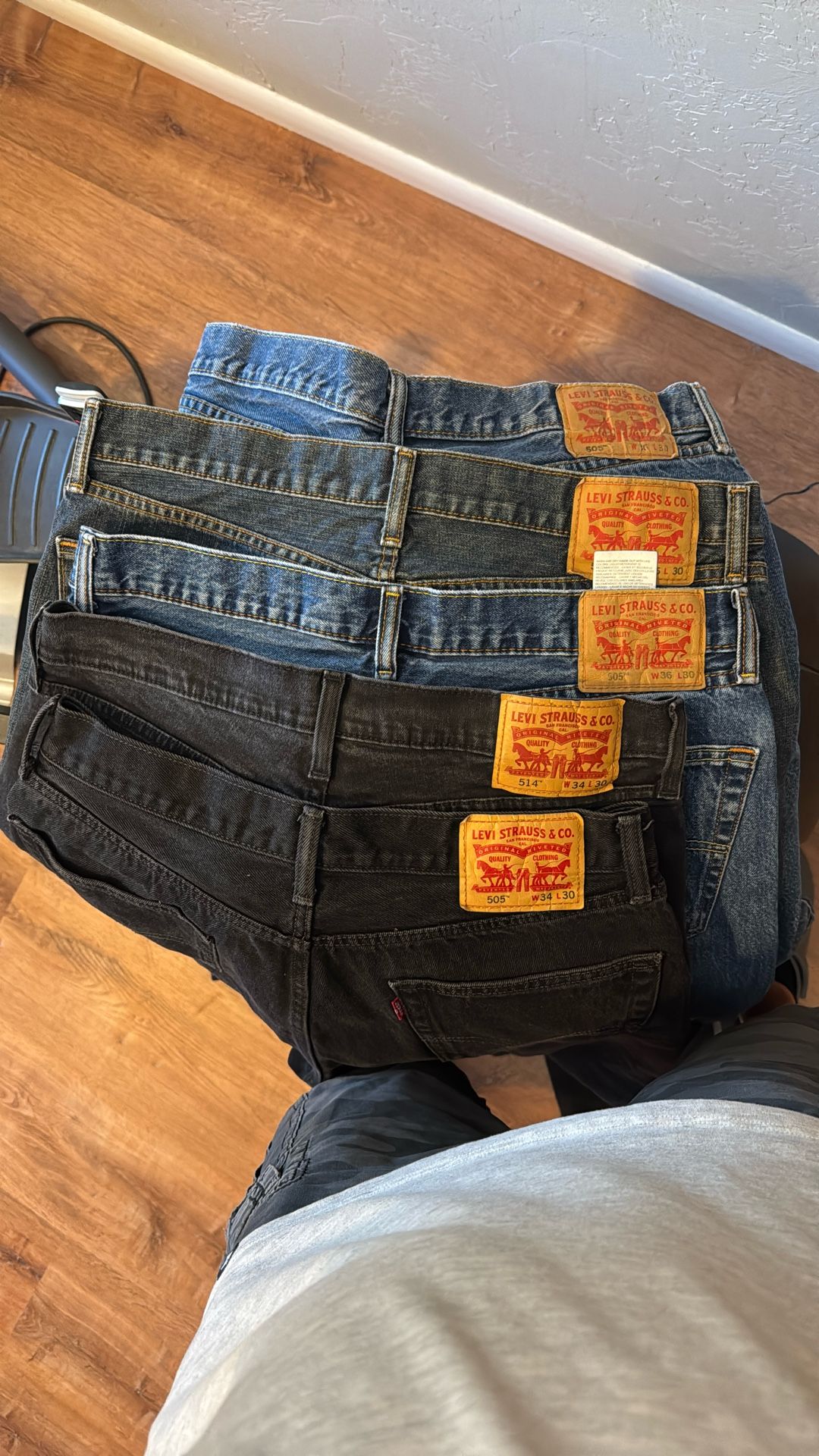 Levi (5) Pair $50. (2x) Black 34 X30, Blue (3x) 36x30