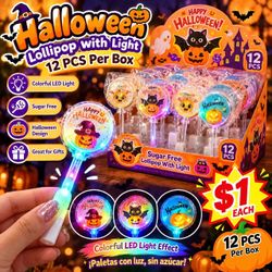 **1. Light-Up Lollipop — $1 each** Halloween sugar-free lollipop with colorful LED lights. Fun Halloween design, great party favor. ¡Paleta con luz, s