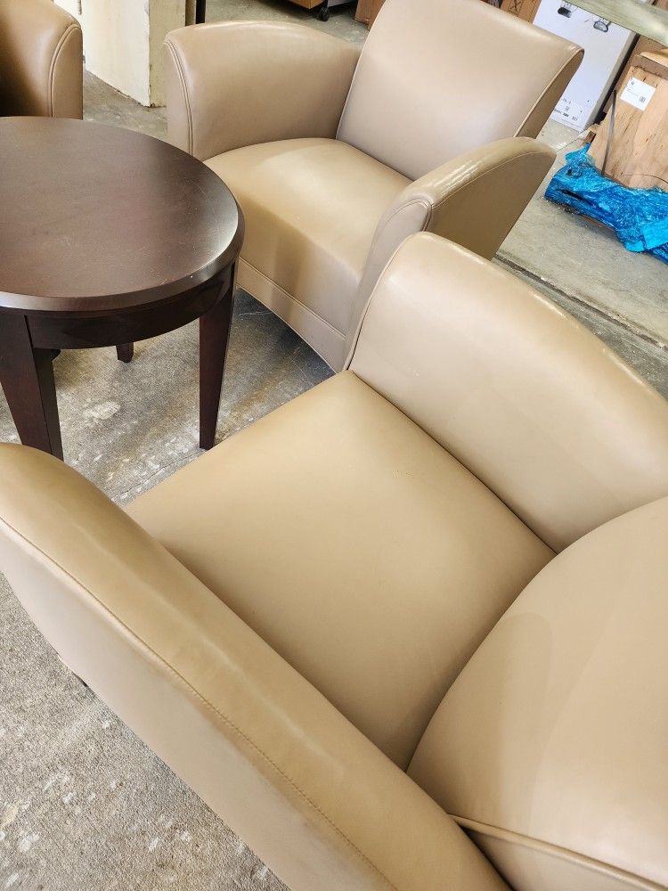 3 Leather Large Beige Chairs 1 Small Table