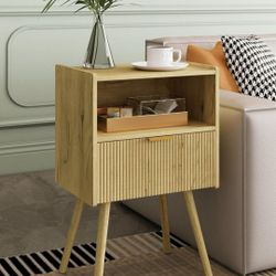 Nightstand,Modern Bedside Table with Storage Drawer and Open Wood Shelf, Accent Night Stand with Solid Wood Legs for Living Room, Bedroom and Small Sp