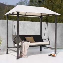 Grand Patio 3-Seat Patio Swing Chair, Outdoor Porch Swing with Canopy, Removable Cushion for Patio Garden Poolside, Beige