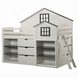 HOUSE THEME GRAY & WHITE FINISH TWIN SIZE LOFT BED BOOKCASE STORAGE CAMAS LITERA