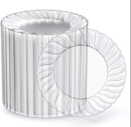 FOCUSLINE 100 Count 6 Inch Clear Plastic Plates, Disposable Heavy Duty Salad Dessert Plates- Premium Hard Plastic Plate Fancy Disposable Clear Plate F