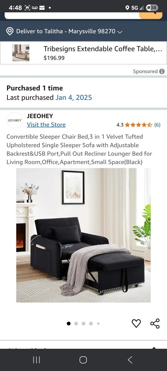 3 In 1 Convertible Sleeper Velvet Chair Futon