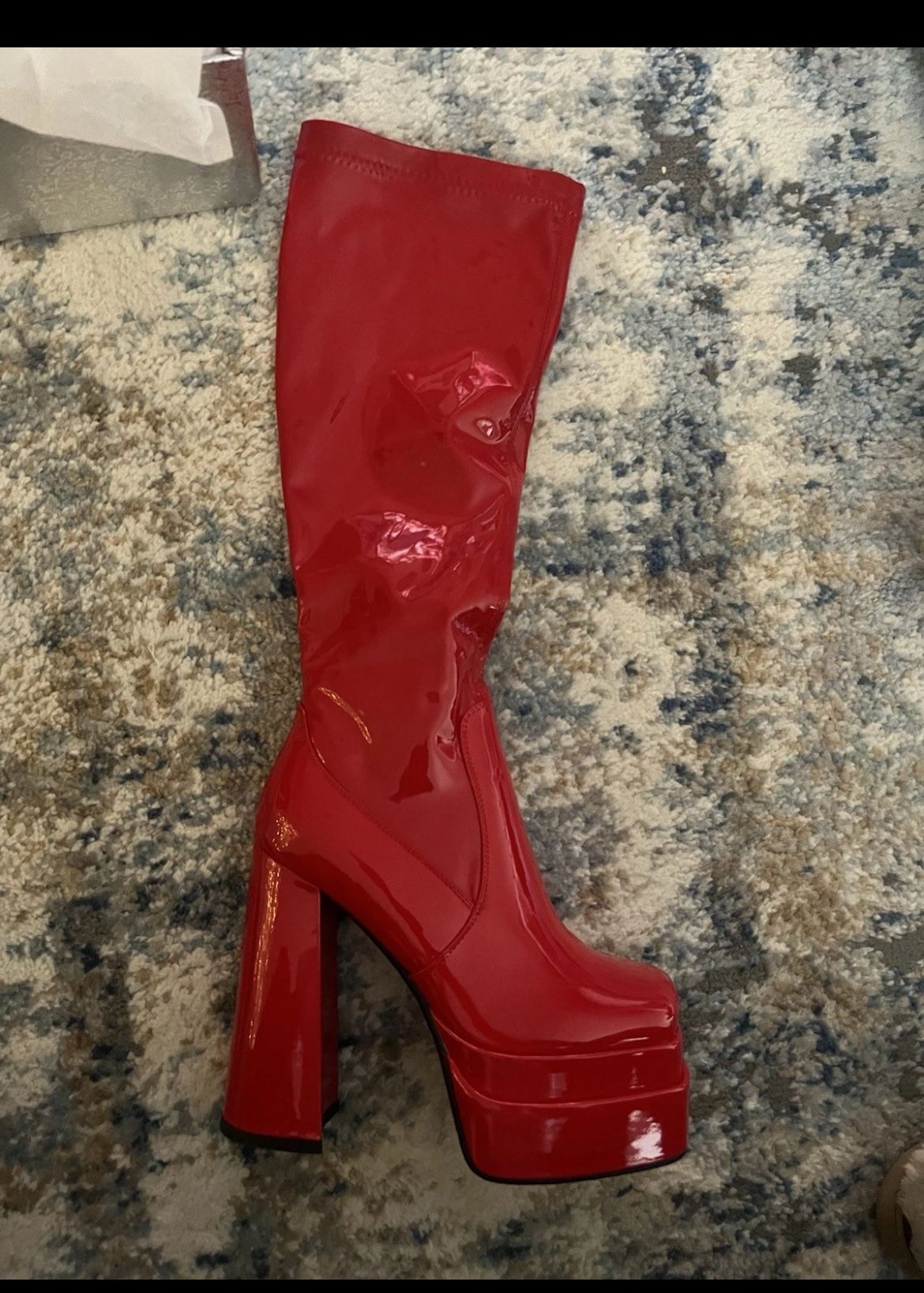 wetkiss Red Platform Knee High Boots (PU Leather) High Heel, Zip (Size 9)