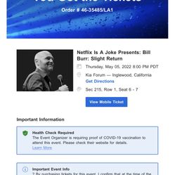 2 Bill Burr Tickets For TONIGHT MAY 5th 8pm $150 For Both!