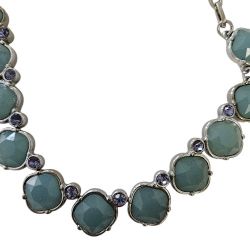Lia Sophia jade green stone/purple crystal silver tone necklace, 15"-18.5". EUC