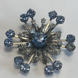 Vintage Blue And White Rhinestones Silver Tone Floral Brooch Pin