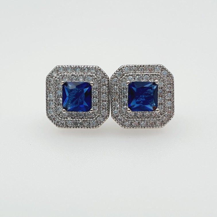 "925 Silver Blue Color CZ Crystal Stud Earrings for Women, HA4483
