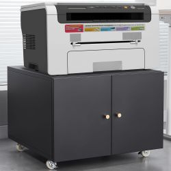 Black Metal Double-Door Printer Cabinet on Wheels – Adjustable Shelf & Locking Casters