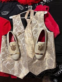 Cream Paisley Vest, Tie, and Loafer Set