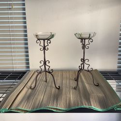 2 Piece Dark Brown, White, And Green Candle Holder Set