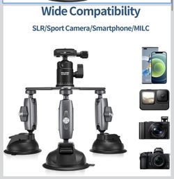 Triple Suction Cup Camera Car Mount Holder, Heavy Duty Tripod Window Windshield Dash Dashboard Inside Outside Sucking Attach Accessories for GoPro Ins