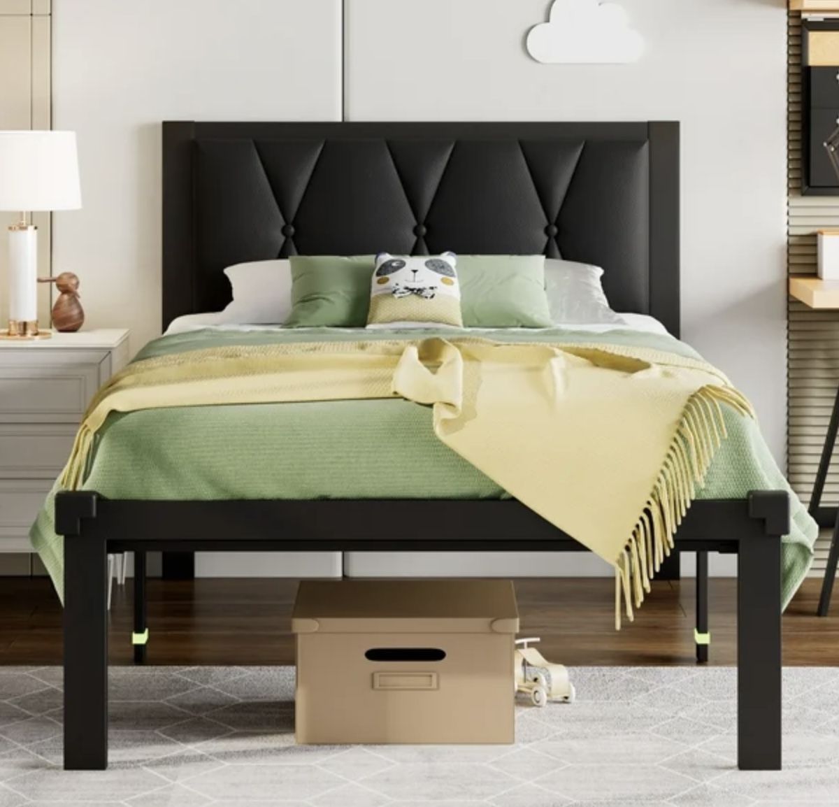 Twin Size Metal Platform Bed Frame - Faux Leather Button Tufted Headboard