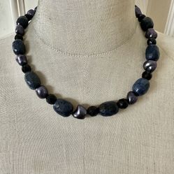 Sterling Clasp Sodalite Necklace with Faux Baroque Pearls & Black Faceted Beads
