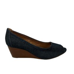 Clarks Artisan Size 7M Womens Blue Denim Peep Toe Slip-on Wedge Shoes