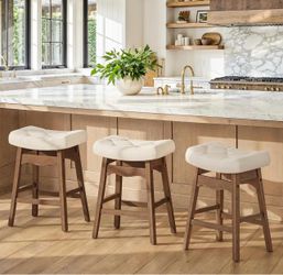 Set of 3 Counter Height Bar Stools – Walnut Wood & Ivory Cushioned Seats, 24