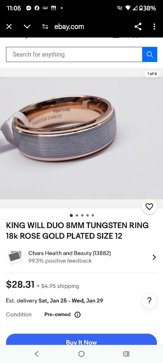 King Will Duo 8mm Tungsten Ring 18k Rose Gold Plated Size 12