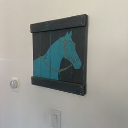 Wood Teal And Gray Horse Painting Farmstyle Decor