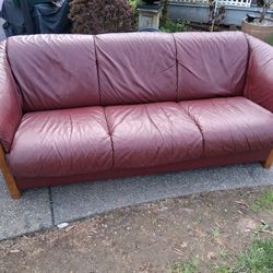 Burgundy Leather 3 Seat Sofa Modern Danish Mid Century Burgundy Teak