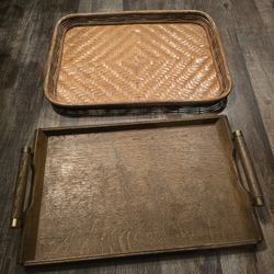 Vintage Trays- 1 Wood, 1 Wicker With Wood Bottom