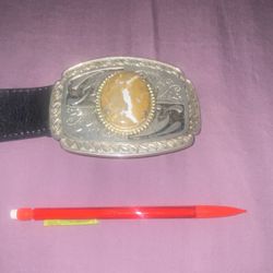 Silver Belt Buckle With Oval Agate In The Center Studded Belt 