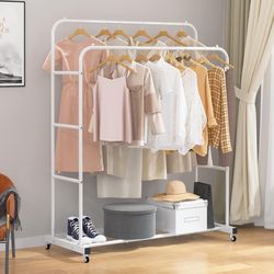 New! Laiensia Double Rods Clothing Rack with Wheels (White)